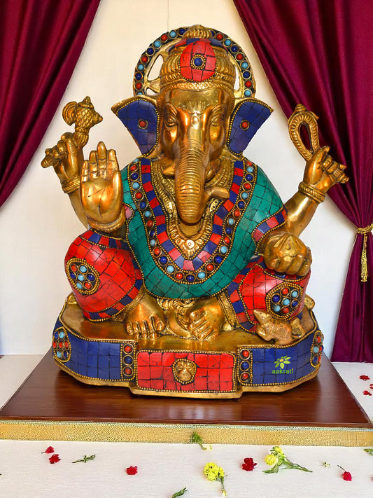 Sitting Lord Ganesh Statue with Coral Stone Work