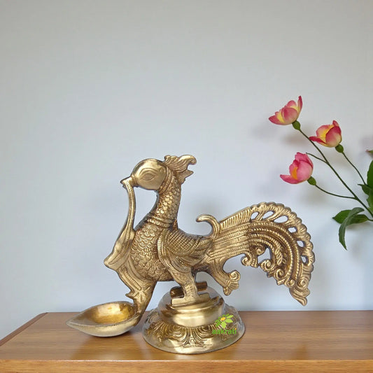 Traditional Brass Bird Shape Diya | Perfect for Diwali & Pooja Decoration | Brass Religious Handmade Diya ( Yellow, 9 inch) Aakrati