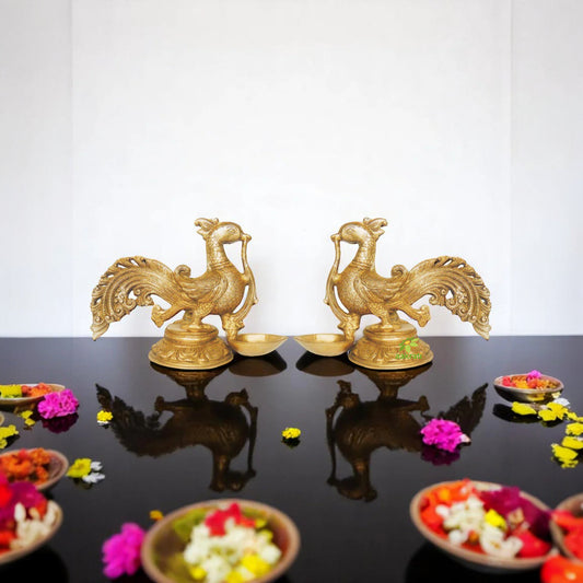 Brass Bird Shaped Diya Pair | Perfect for Diwali and Festival Home Decoration | Handmade Brass Bird Diya Set ( Yellow, 9 inch)