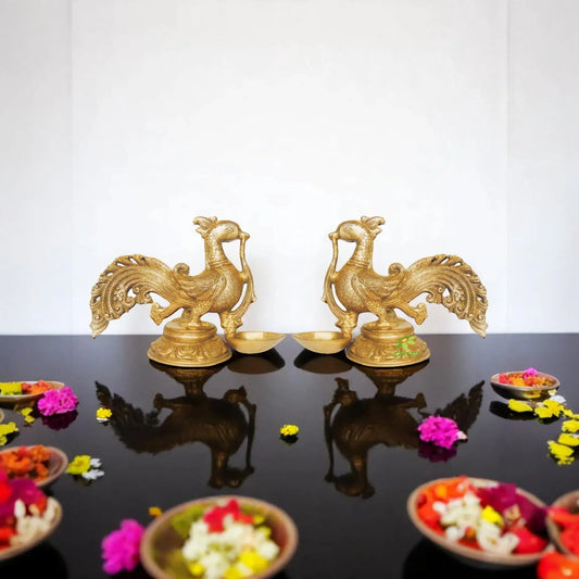 Brass Bird Shaped Diya Pair | Perfect for Diwali and Festival Home Decoration | Handmade Brass Bird Diya Set ( Yellow, 9 inch) Aakrati