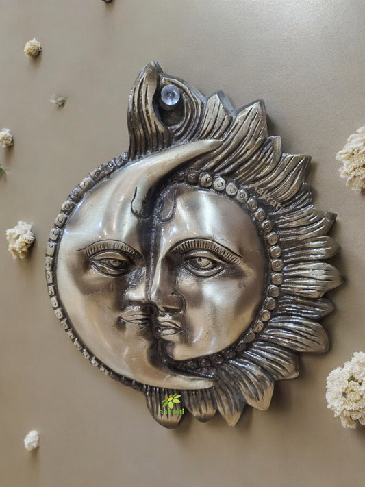 Brass Sun and Moon Face Wall Hanging | Spiritual Decorative Showpiece for Home Décor | Brass Religious Wall Hanging ( Brown , 6 inch)