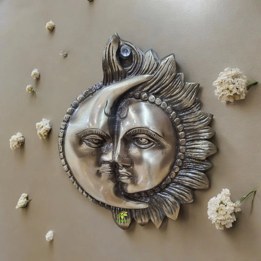 Brass Sun and Moon Face Wall Hanging | Spiritual Decorative Showpiece for Home Décor | Brass Religious Wall Hanging ( Brown , 6 inch) Aakrati