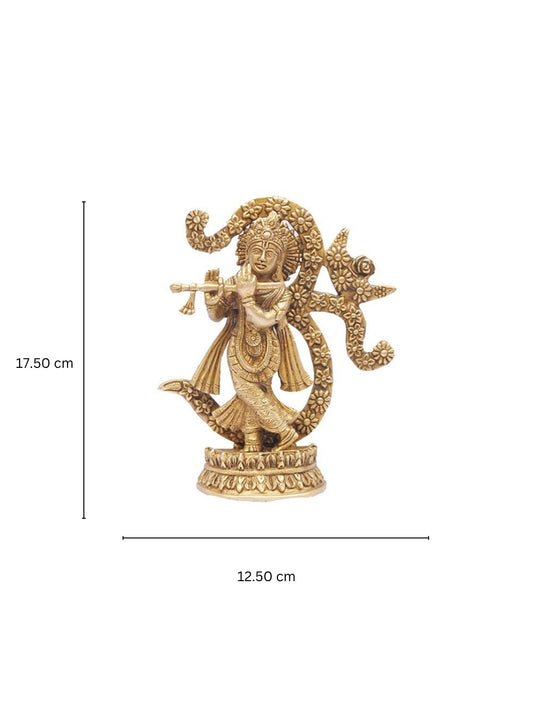 Lord Krishna Statue Playing Flute with Symbol of Om Made of Brass