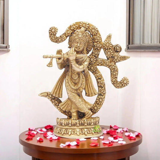 Lord Krishna Statue Playing Flute with Symbol of Om Made of Brass Aakrati