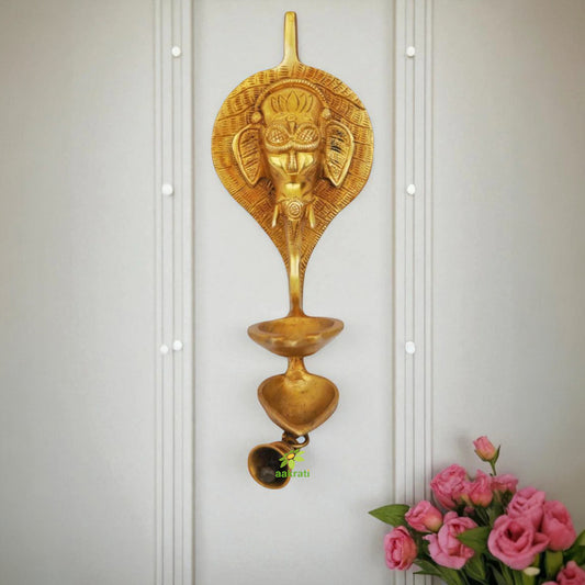 Handcrafted Brass Ganesha Wall Lamp | Traditional Oil Lamp for Home Blessings | Brass Ganesha with Diya Wall Hanging ( Yellow, 13 inch)