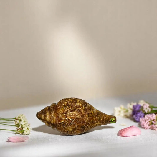 Handcrafted Brass Conch Showpiece with Durga ji Engraving Design | Ideal for Religious and Home Decor ( Yellow, 9.5 inch) Aakrati