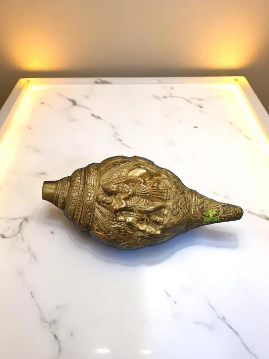 Brass Conch with Crarving of Radha Krishna Aakrati