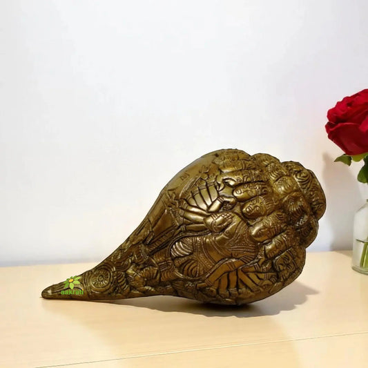 Brass Conch Carved with Lord Vishnu Virat Roop Aakrati