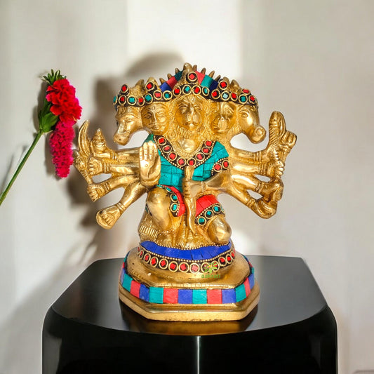 Panch Mukhi Hanuman Statue with stone work, Celibacy, Lord Five face Hanuman Idol, Bajrangbali Handmade brass Ram Bhakt Indian God Aakrati