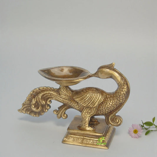 Brass Artisan Bird Diya | Perfect for Diwali and Spiritual Rituals | Handcrafted Brass Bird Shape Diya ( Yellow, 6.5 inch) Aakrati