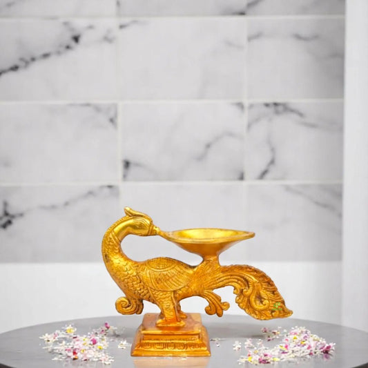 Elegant Brass Peacock Diya | Traditional Handcrafted Oil Lamp for Spiritual Blessings | Brass Peacock Diya ( Yellow, 6.5 inch) Aakrati