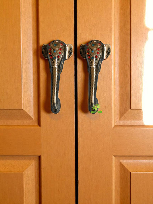 Elephant Brass Door Handle with red and blue Stone Work