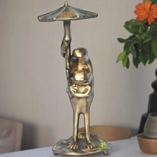 Decorative Brass Frog Statue | Sitting Under Umbrella, Ideal for Gifting | Brass High Quality Showpiece ( Yellow,10 inch) Aakrati