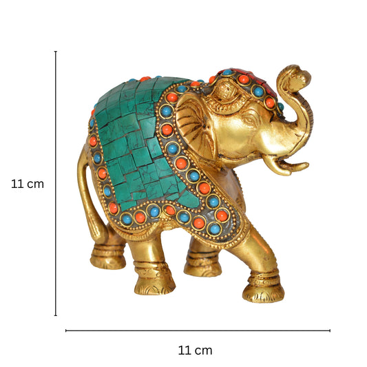 Trunk up Elephant Figurine with Turquoise Gemstones Handwork