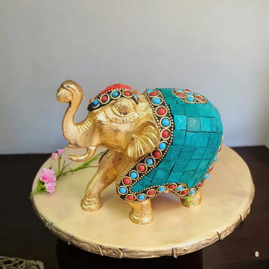 Trunk up Elephant Figurine with Turquoise Gemstones Handwork Aakrati