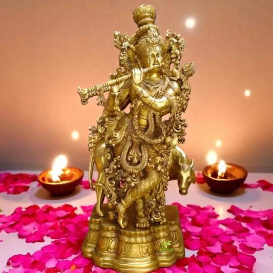 Krishna Playing Flute with cow Made of Brass Aakrati