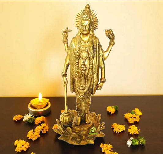Handmade Brass Vishnu Murti | Divine Light and Protection for Your Home | Brass Religious Vishnu Murti ( Yellow, 11 inch) Aakrati
