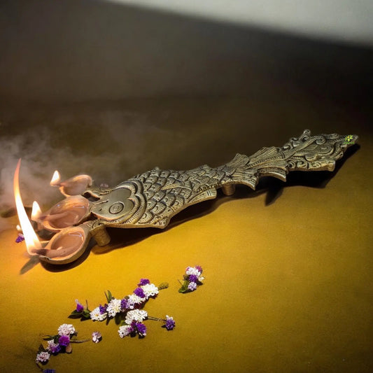 Traditional Brass Fish Shape Pooja Spoon | Handcrafted Spoon for Spiritual Rituals | Brass Ritual Spoon ( Yellow, 10 inch) Aakrati