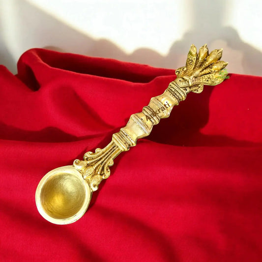 Brass Handmade Pooja Spoon | Traditional Spiritual Spoon for Home Temple and Rituals | Brass Ritual Spoon ( Yellow, 8 inch) Aakrati