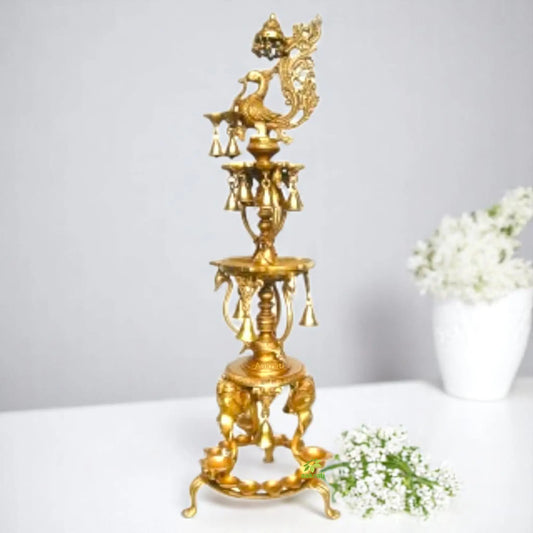 Antique Brass Diya Stand | Traditional Home Decor for Religious Festivals | Festive Brass Diya Stand ( Yellow, 40 inch) Aakrati