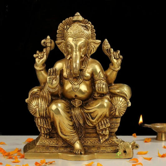 Brass Ganesha Idol | Handcrafted Elegance for Spiritual Sanctuaries | Traditional Brass Ganesha Murti ( Yellow, 10 inch) Aakrati