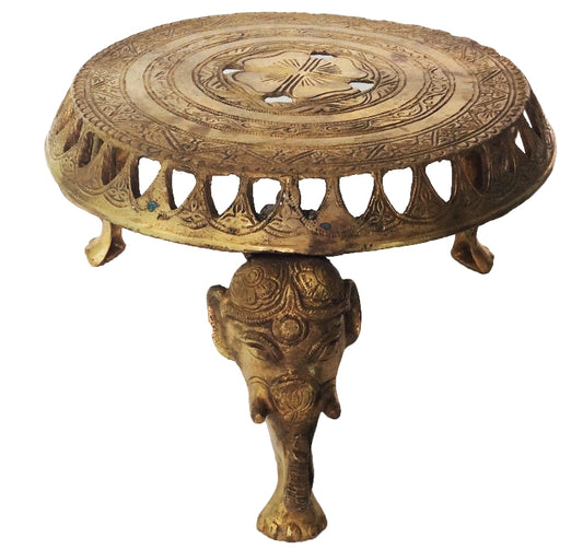 Brass Handcrafted Elephant Chowki | Traditional Craft for Modern Homes | Brass Religious Pooja Chowki ( Brown, 13 inch)
