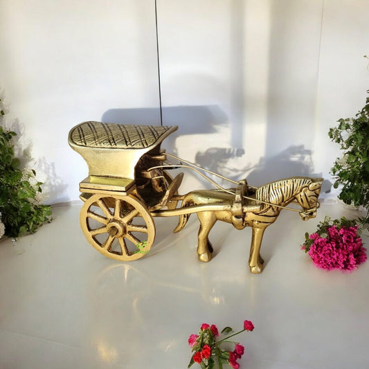 Brass Horse Cart Showpiece | Vintage Decorative Accent for Living Room | Brass Horse Cart Sculpture ( Brown, 4.8 inch)