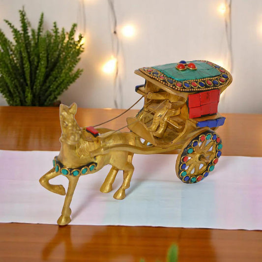 Aakrati Brass Horse Cart Handmade Antique Home Decoration Figurine Table Decoration Hotel Figurines Functional Replica with A Small Rider