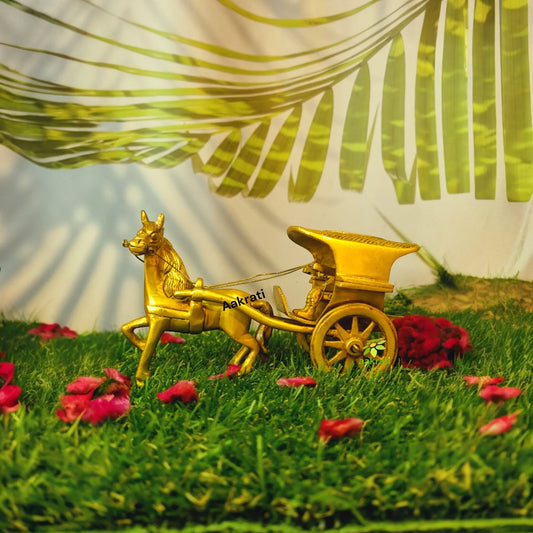 Handcrafted Brass Horse Cart Showpiece | Traditional Home Decor | Brass Bullock Cart Statue ( Yellow, 6 inch) Aakrati