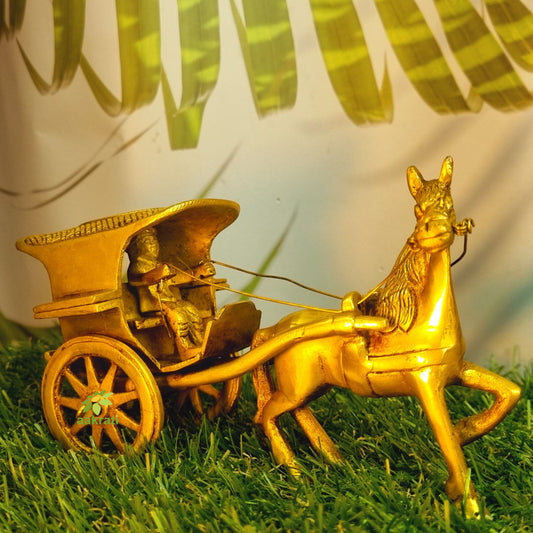 Handcrafted Brass Horse Cart Showpiece | Traditional Home Decor | Brass Bullock Cart Statue ( Yellow, 6 inch)