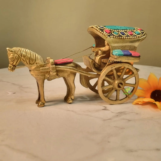 Brass Horse Cart Showpiece | Classic Indian Decorative Piece | Handmade Horse Cart With Stone Finish ( Multi Color, 5 inch) Aakrati