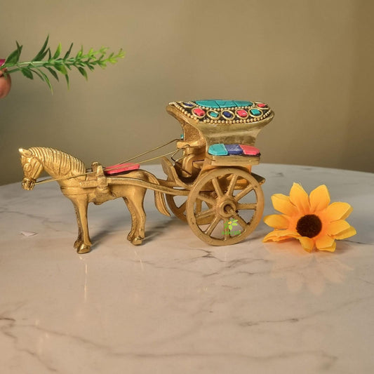 Brass Horse Cart Showpiece | Classic Indian Decorative Piece | Handmade Horse Cart With Stone Finish ( Multi Color, 5 inch)