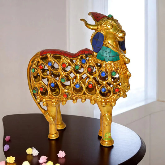 Turquoise work Brass metal Cow sculpture by Aakrati Aakrati