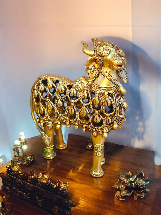 Handcrafted Brass Cow Statue | Traditional Showpiece for Spiritual and Home Temple Decor | Brass Cow Figurine ( Yellow, 10 inch)