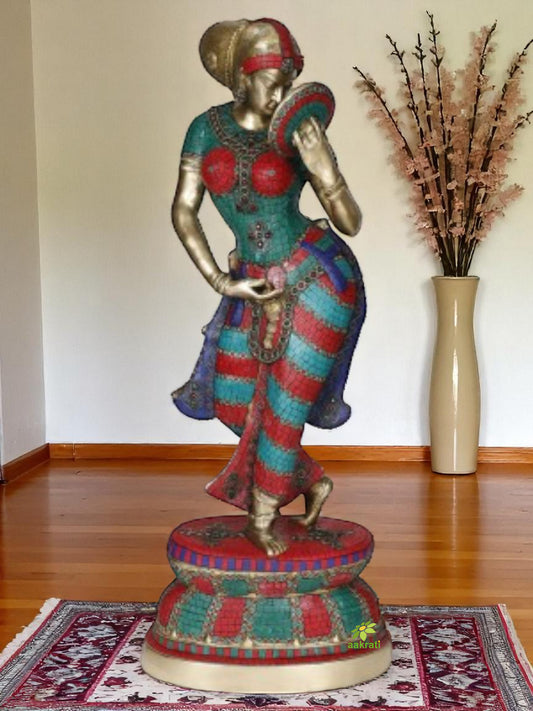 Lady Figure turquoise stone work Brass ethnic Hotel lobby Sculpture