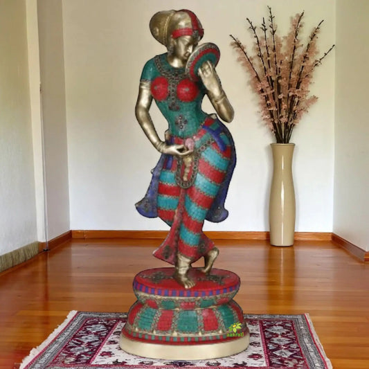 Lady Figure turquoise stone work Brass ethnic Hotel lobby Sculpture Aakrati