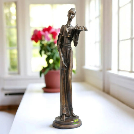 African Lady Brass Figure Holding Fruit Tray Aakrati