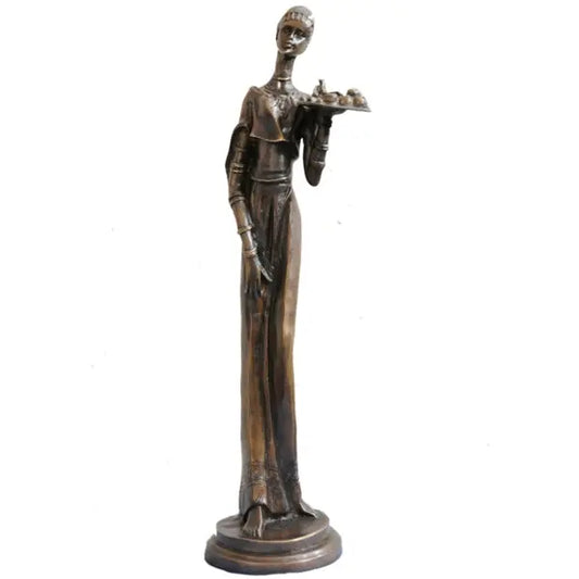 African Lady Brass Figure Holding Fruit Tray Aakrati