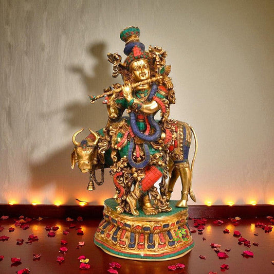 Lord Krishna Playing Flute with Cow Sculpture Aakrati