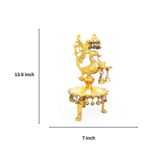 Handmade Brass Diya Stand with Bell | Unique Diwali & Pooja Lamp | Peacock Shaped Brass Diya with Small Bell ( Yellow,13.5 inch)