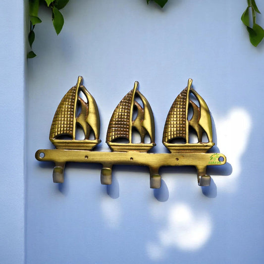 Handmade Brass Wall Hooks | Unique and Decorative Hooks for Home Organization | Brass Yatch Shape Wall Hanger ( Yellow, 7 inch)
