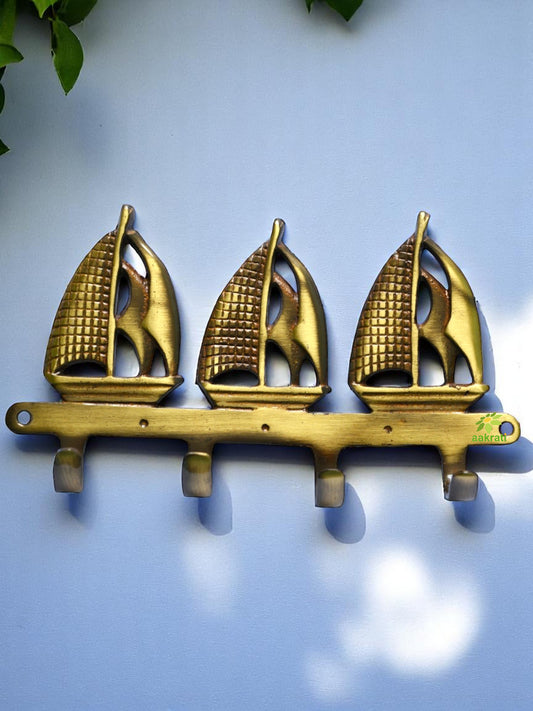 Handmade Brass Wall Hooks | Unique and Decorative Hooks for Home Organization | Brass Yatch Shape Wall Hanger ( Yellow, 7 inch)