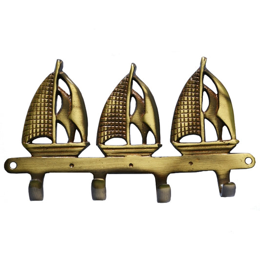 Handmade Brass Wall Hooks | Unique and Decorative Hooks for Home Organization | Brass Yatch Shape Wall Hanger ( Yellow, 7 inch)