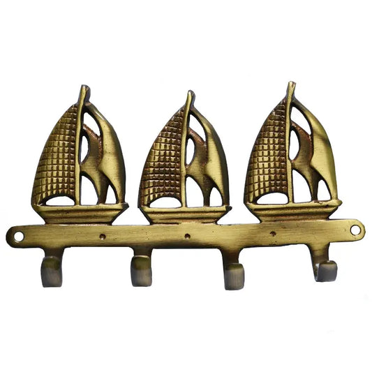 Handmade Brass Wall Hooks | Unique and Decorative Hooks for Home Organization | Brass Yatch Shape Wall Hanger ( Yellow, 7 inch) Aakrati