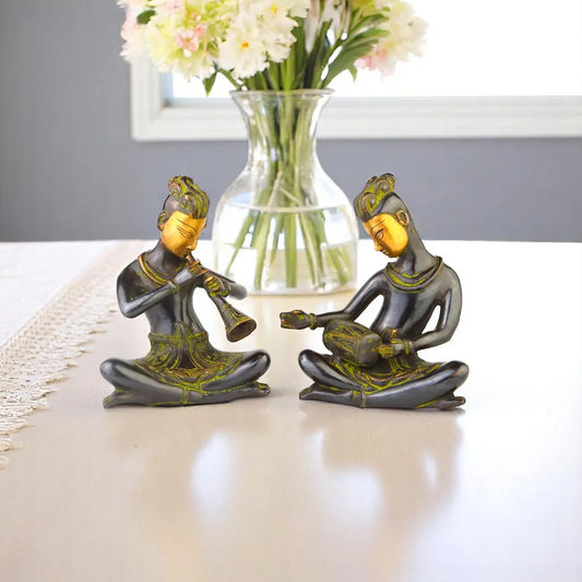 Handicrafts Antique Musician Brass Figurine, Set of 2 Aakrati