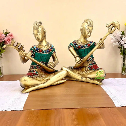 Turquoise Tribal Musician Figurine With Stone Work Set of 2 Pcs Aakrati