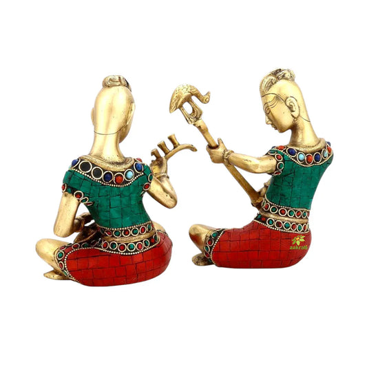 Turquoise Tribal Musician Figurine With Stone Work Set of 2 Pcs Aakrati
