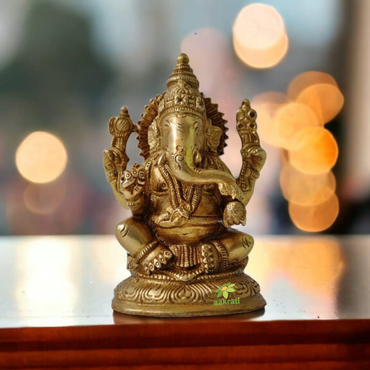 Brass Small Ganesha Statue | Elegant and Sacred Temple Decor | Handmade Brass Ganesha Idol ( Yellow, 5 inch) Aakrati
