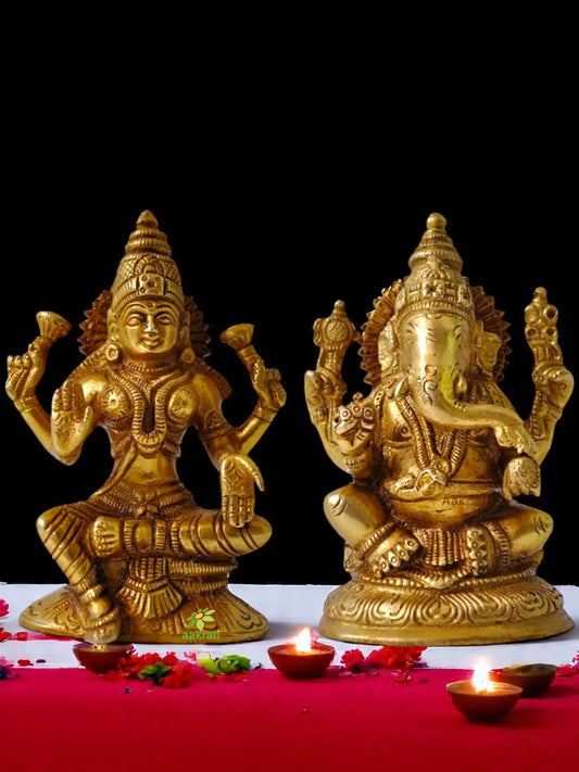 Brass Lakshmi Ganesha Set | Elegant Small Murtis for Spiritual Home Decor | Lakshmi Ganesha Brass Murti ( Yellow, 5 inch) Aakrati