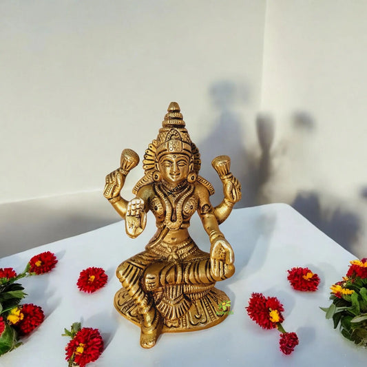 Brass Lakshmi Handmade Statue | Divine Idol for Housewarming Blessings & Home Decor | Brass Lakshmi Murti ( Yellow, 5 inch) Aakrati